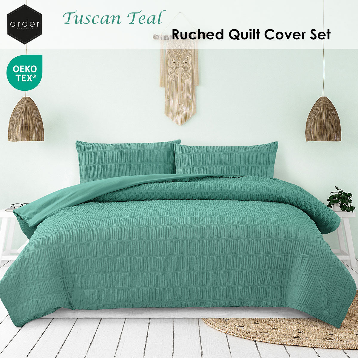 Ardor Tuscan Teal Ruched Quilt Cover Set Queen V442-INT-QUILTCS-TUSCANRUCHED-TEAL-QS