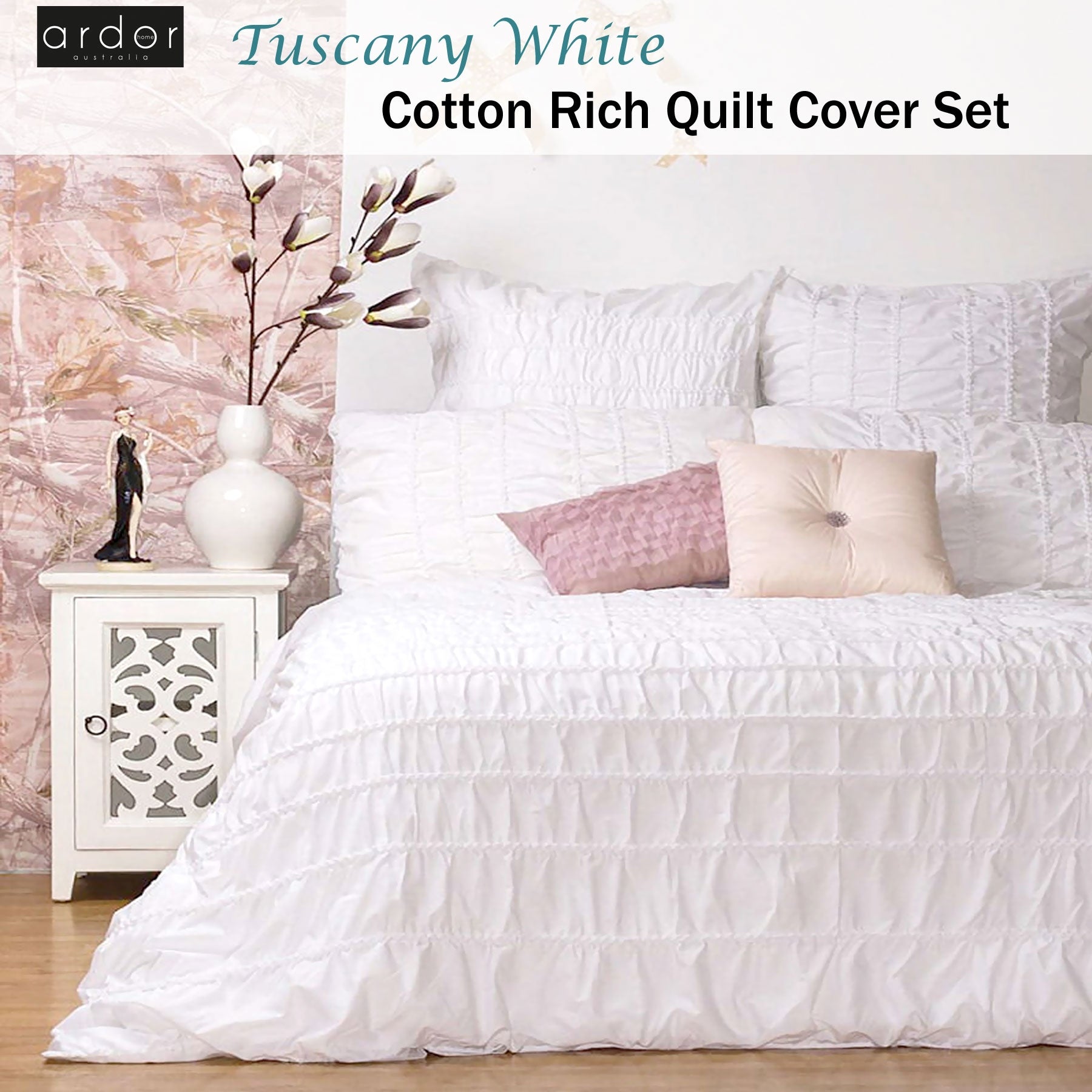 Ardor Tuscany White Quilt Cover Set QUEEN V442-INT-QUILTCS-TUSCANY-WHITE-QS