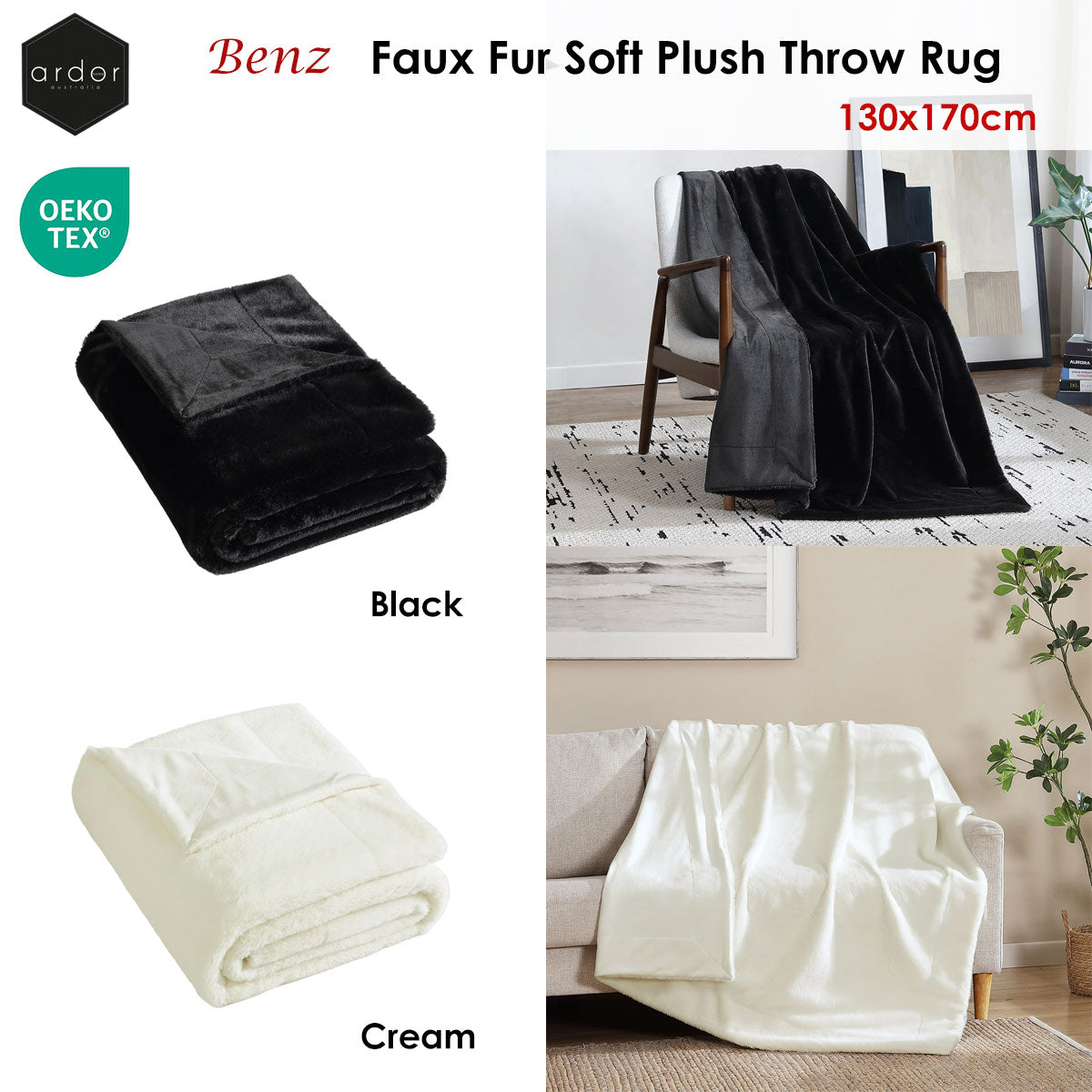 Ardor Benz Faux Fur Soft Plush Throw Rug 130x170cm Black V442-INT-THROW-BENZFAUXFUR-BLACK-RE