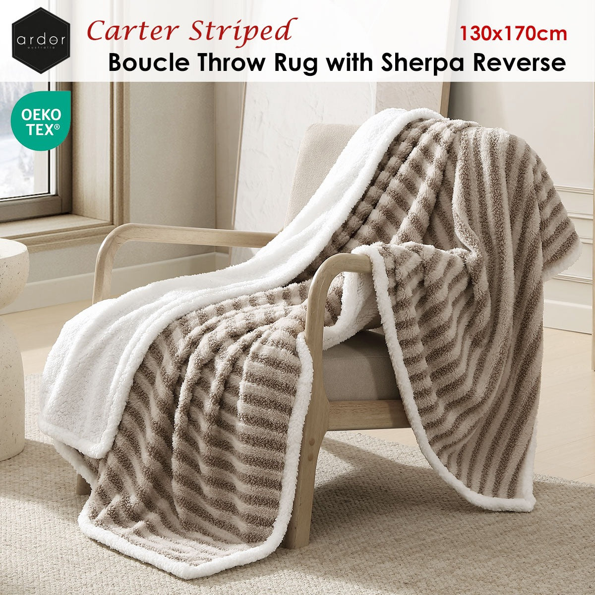 Ardor Carter Striped Boucle Throw Rug with Sherpa Reverse 130x170cm V442-INT-THROW-CARTERBOUCLE-MULTI-RE