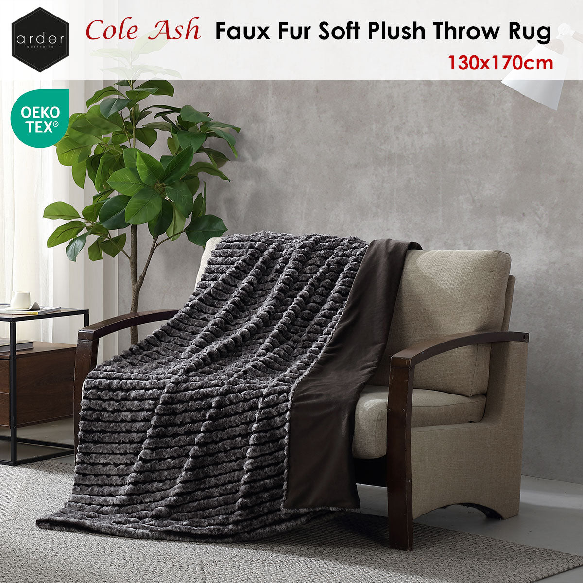 Ardor Cole Ash Striped Faux Fur Soft Plush Throw Rug 130x170cm V442-INT-THROW-COLEFAUXFUR-ASH-RE