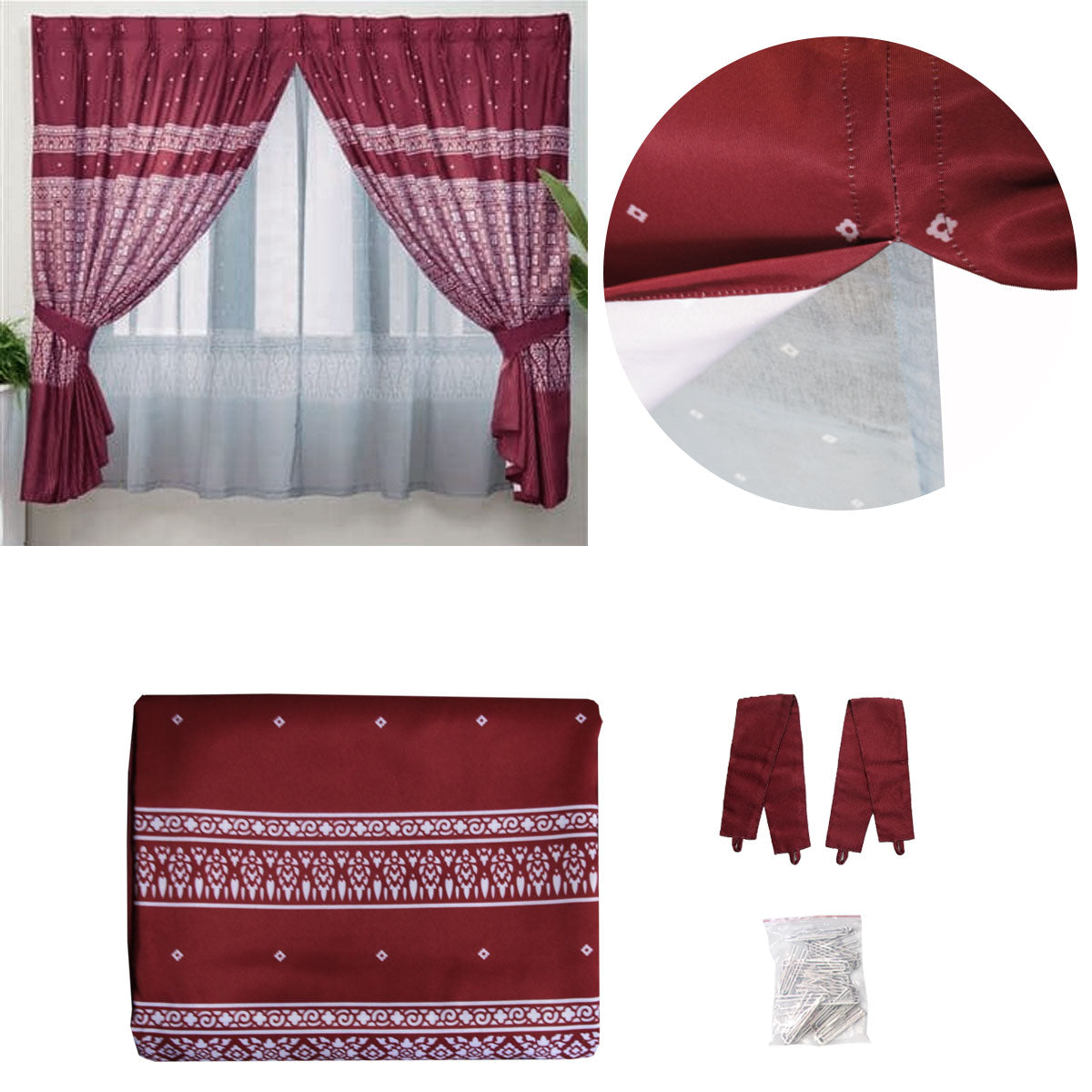 Avon Home Casa Kayangan Burgundy Pinch Pleat Window Curtain with Attached Lace Curtain V442-JTC-CURTAIN-CASAKAYANGAN-BURGUNDY-RE