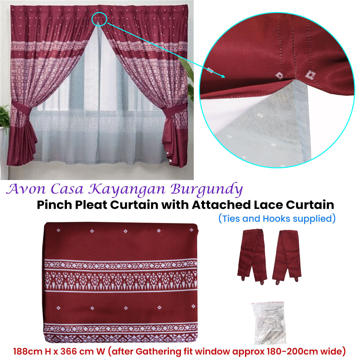 Avon Home Casa Kayangan Burgundy Pinch Pleat Window Curtain with Attached Lace Curtain V442-JTC-CURTAIN-CASAKAYANGAN-BURGUNDY-RE
