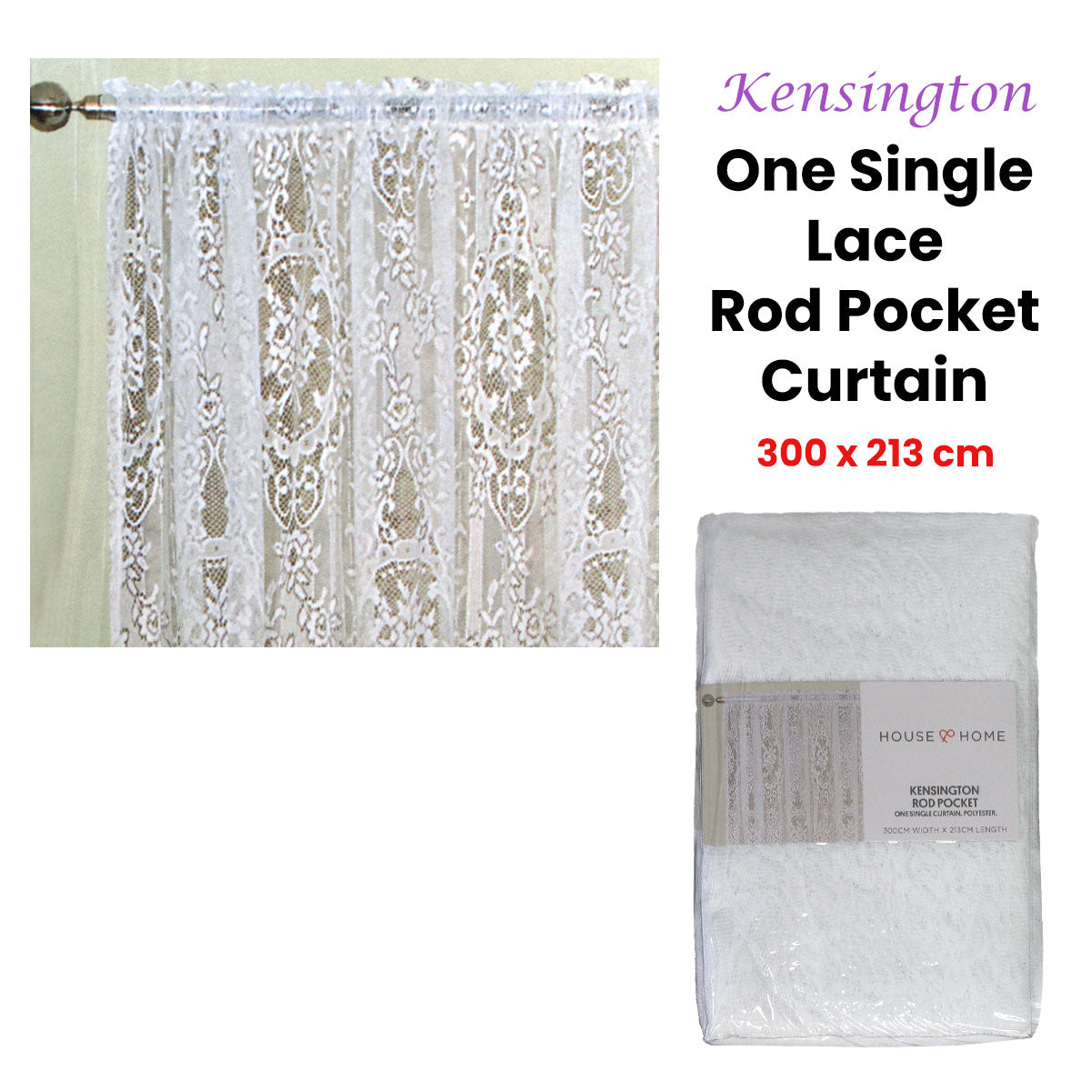 Yours to Love One Kensington White Lace Rod Pocket Curtain 300 x 213 cm V442-JTC-CURTAIN-KENSINGTON-WHITE-RE