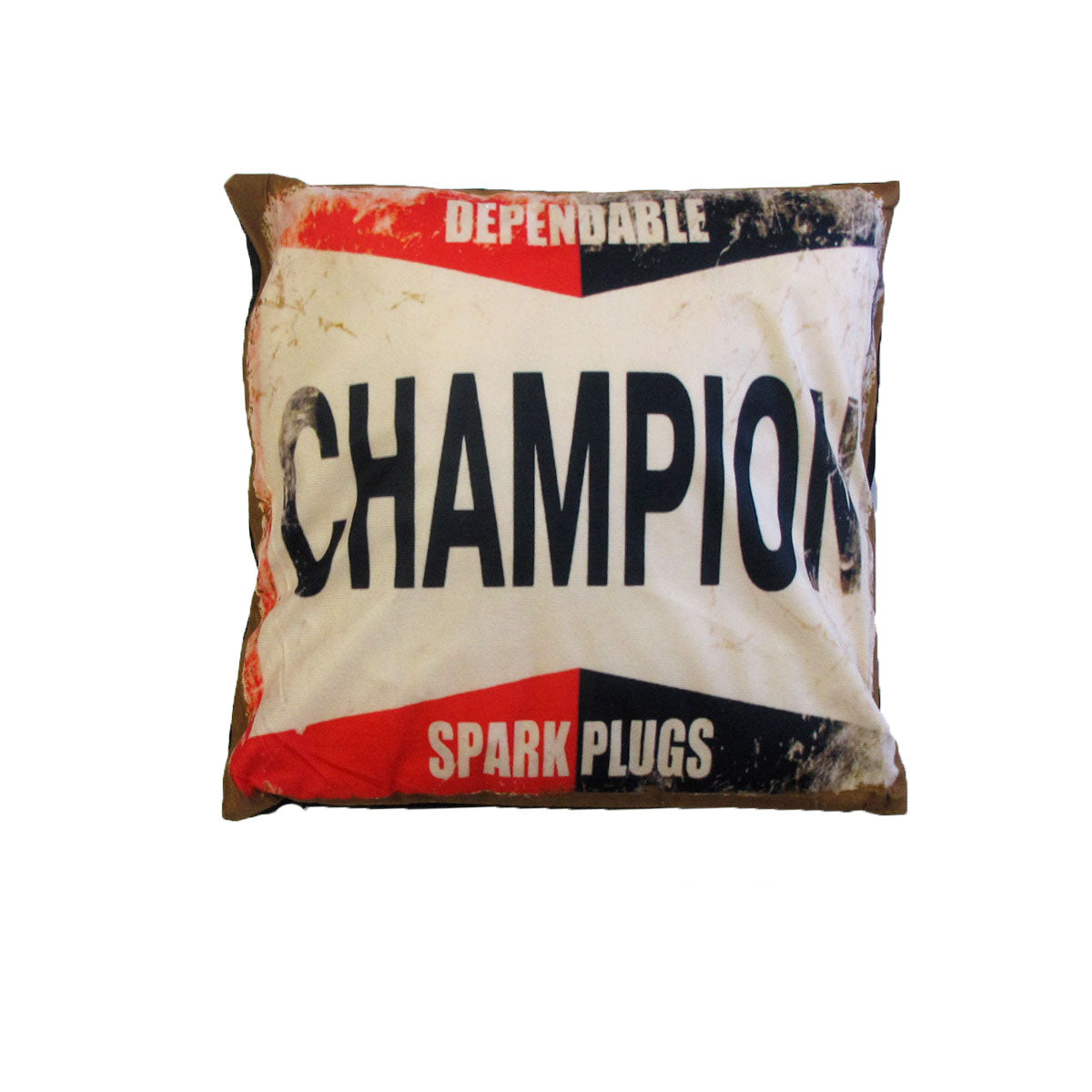 Australian Mancave Retro Cushion Champion Spark Plugs 40 x 40 cm V442-JTC-CUSHION-CHAMPIONSPARKPLUGS-TAUPE-SQ