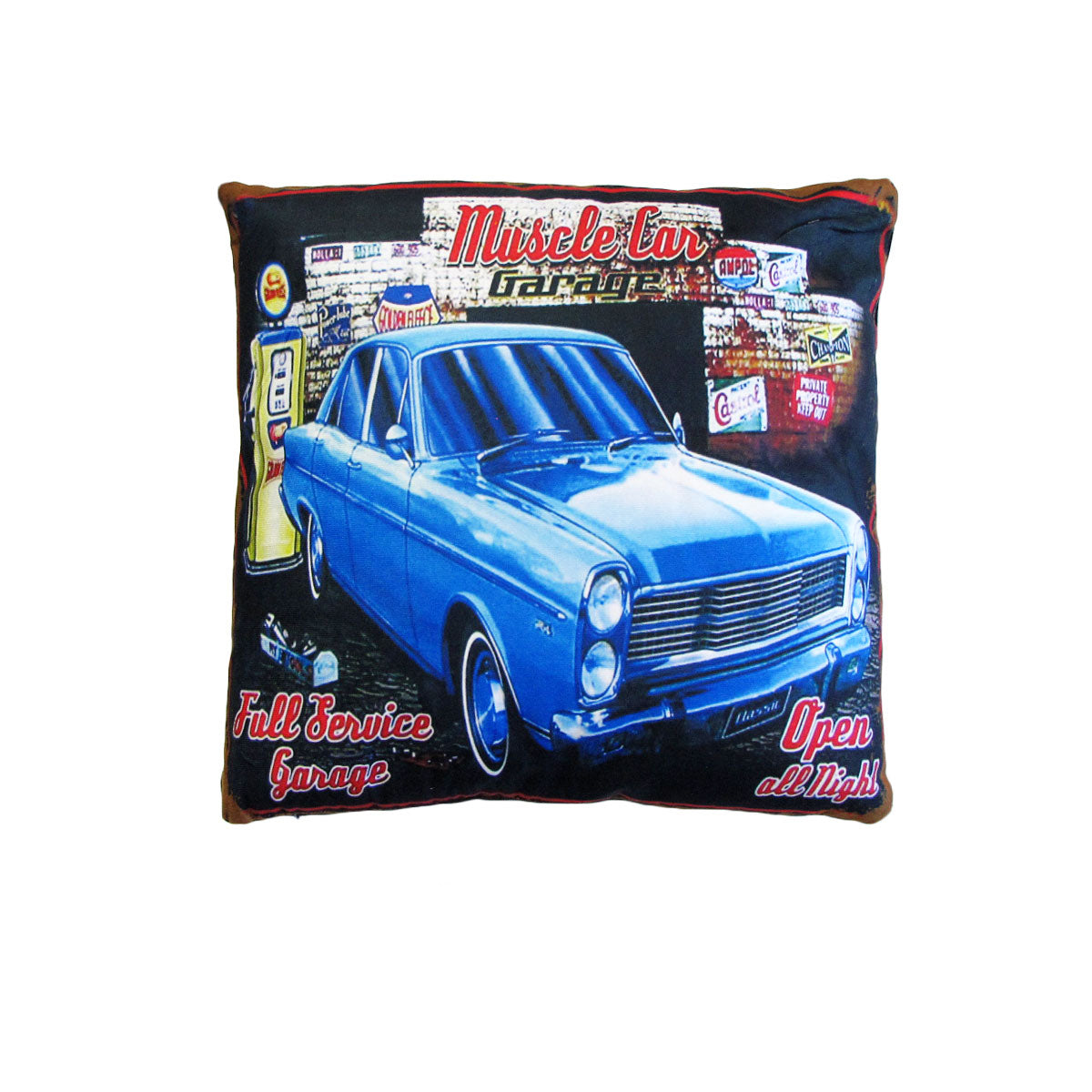 Australian Mancave Retro Cushion Muscle Car Garage 40 x 40 cm V442-JTC-CUSHION-MUSCLECARGARAGE-BLUE-SQ
