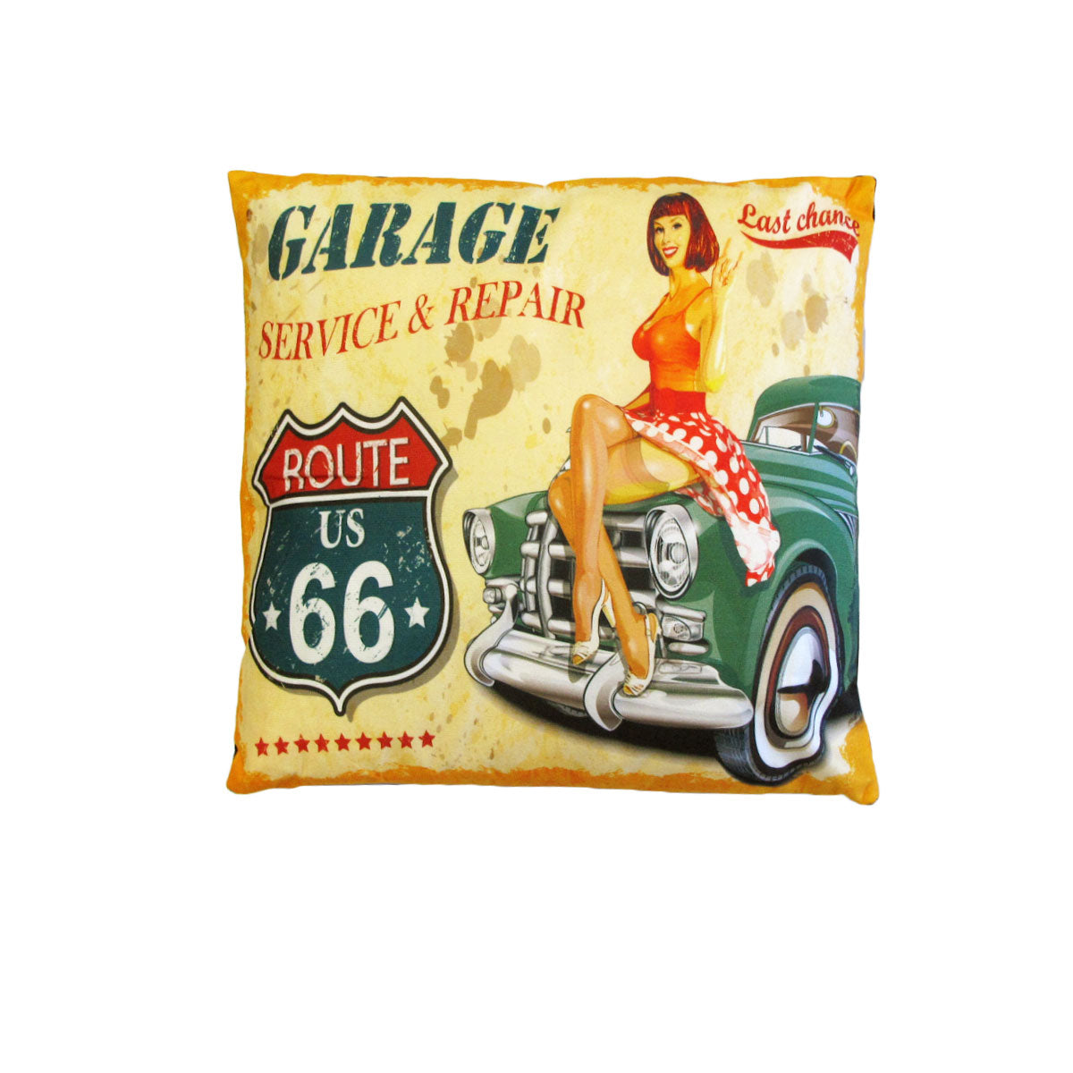 Australian Mancave Retro Cushion Route 66 40 x 40 cm V442-JTC-CUSHION-ROUTE66-YELLOW-SQ