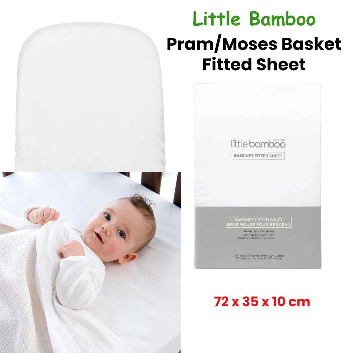 Little Bamboo Fitted Sheet Pram/Moses Basket 72x35x10cm V442-JTC-FITTEDS-BAMBOOPRAMBASKET-WHITE-BASS