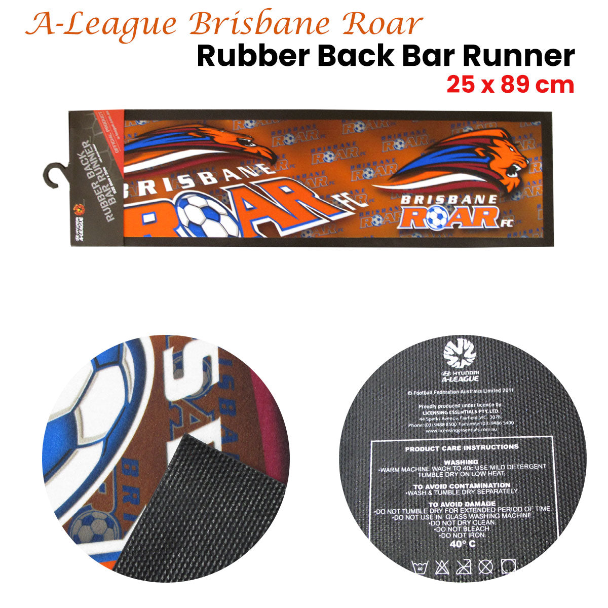 A-League Brisbane Roar Rubber Back Bar Runner 25 x 89 cm V442-JTC-MISC-BRISBANEROARBARRUNNER-BLACK-SH
