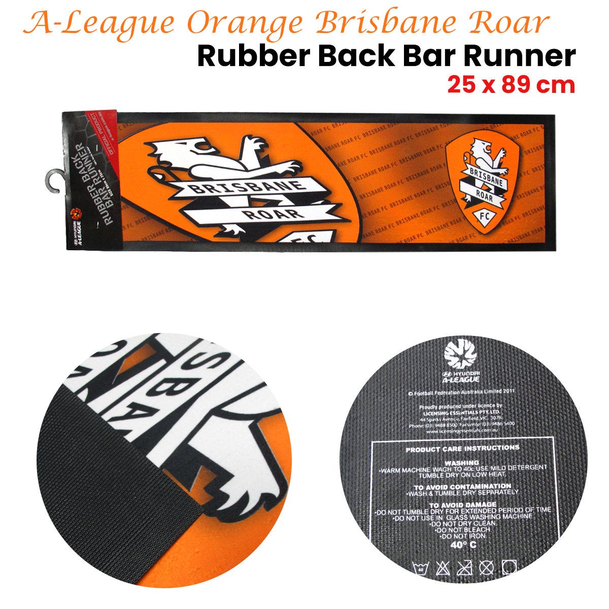 A-League Orange Brisbane Roar Rubber Back Bar Runner 25 x 89 cm V442-JTC-MISC-ROARBARRUNNER-ORANGE-SH