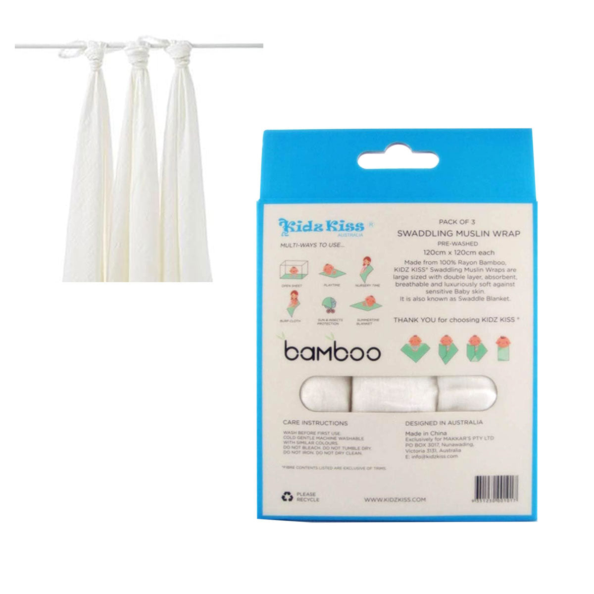 Pack of 3 Swaddling Muslin Wrap 120x120cm each V442-JTC-MISC-SWADDINGWRAP-WHITE-SQ