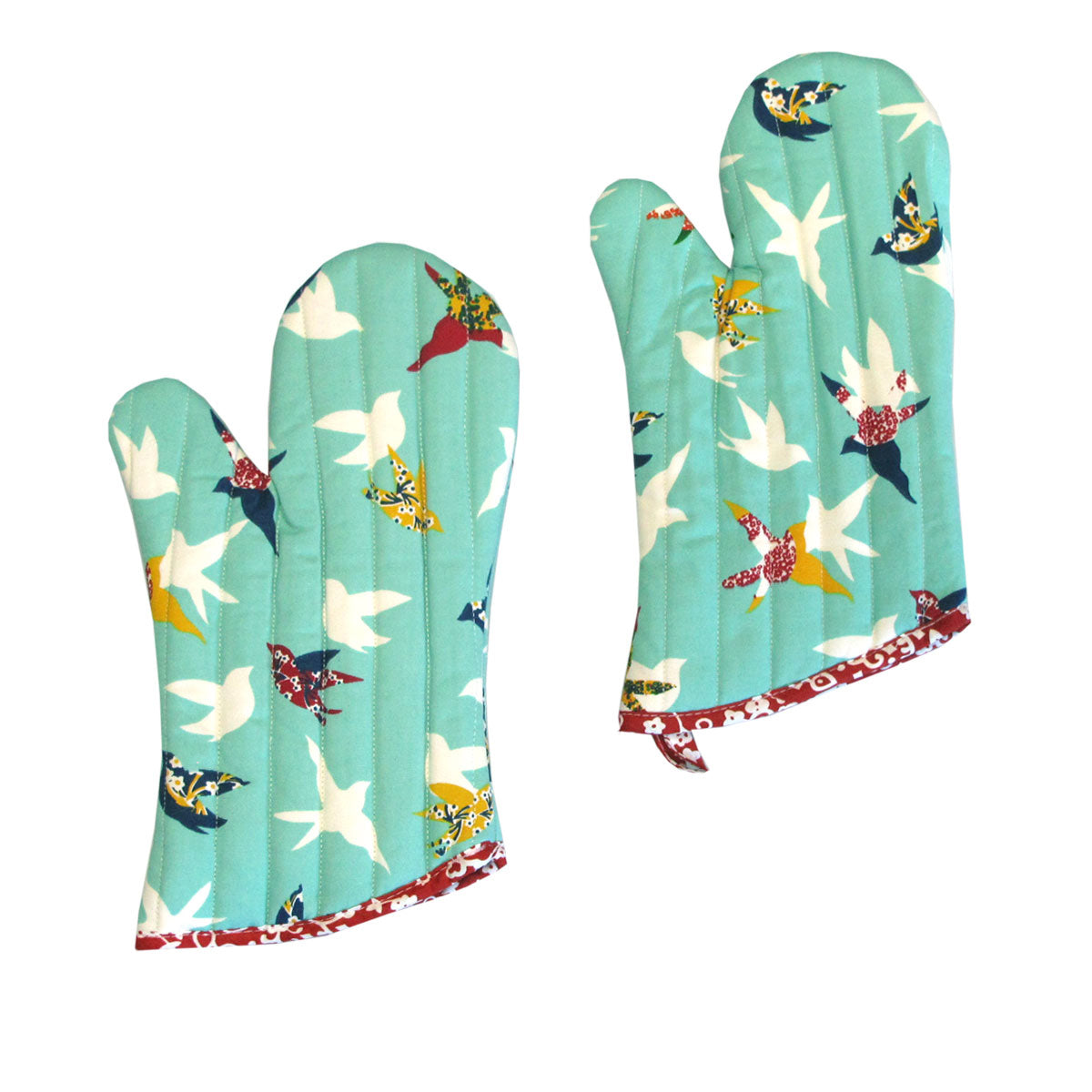 Set of 2 100% Cotton Printed Oven Mitts 34 x 15 cm Aqua Birds V442-JTC-OVENM-BIRDS2OVENMITT-AQUA-SQ