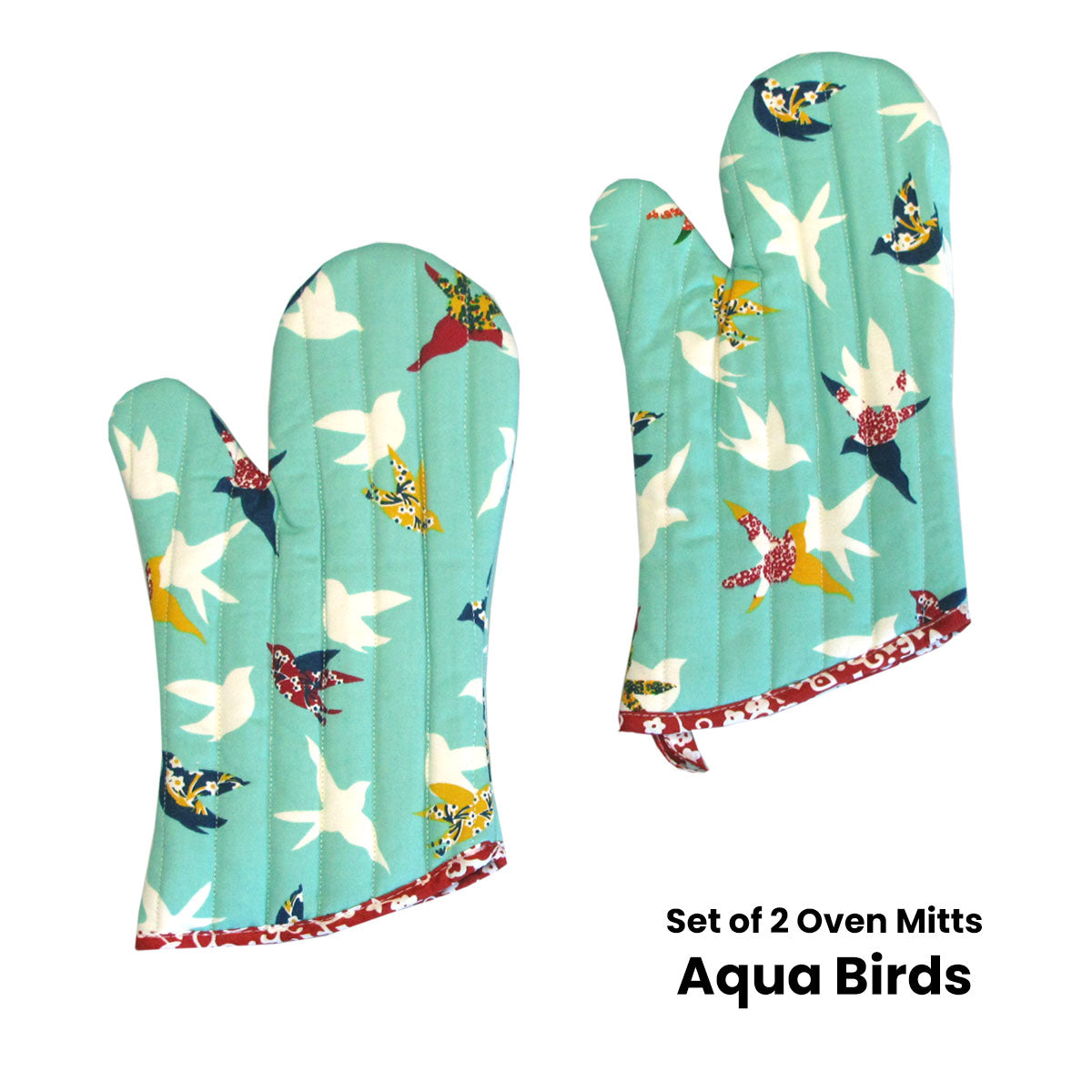 Set of 2 100% Cotton Printed Oven Mitts 34 x 15 cm Aqua Birds V442-JTC-OVENM-BIRDS2OVENMITT-AQUA-SQ