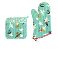 Set of 100% Cotton Printed Oven Mitt + Pot Holder Aqua Birds V442-JTC-OVENM-BIRDSMIXSET-AQUA-SQ