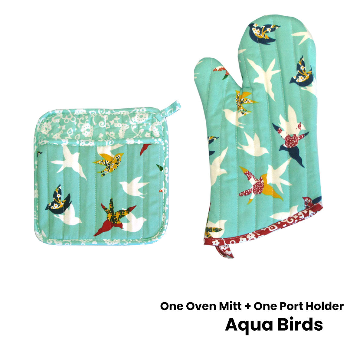 Set of 100% Cotton Printed Oven Mitt + Pot Holder Aqua Birds V442-JTC-OVENM-BIRDSMIXSET-AQUA-SQ