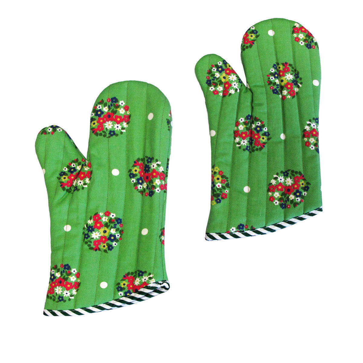 Set of 2 100% Cotton Printed Oven Mitts 34 x 15 cm Green Blossom V442-JTC-OVENM-BLOSSOM2OVENMITT-GREEN-SQ