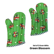 Set of 2 100% Cotton Printed Oven Mitts 34 x 15 cm Green Blossom V442-JTC-OVENM-BLOSSOM2OVENMITT-GREEN-SQ