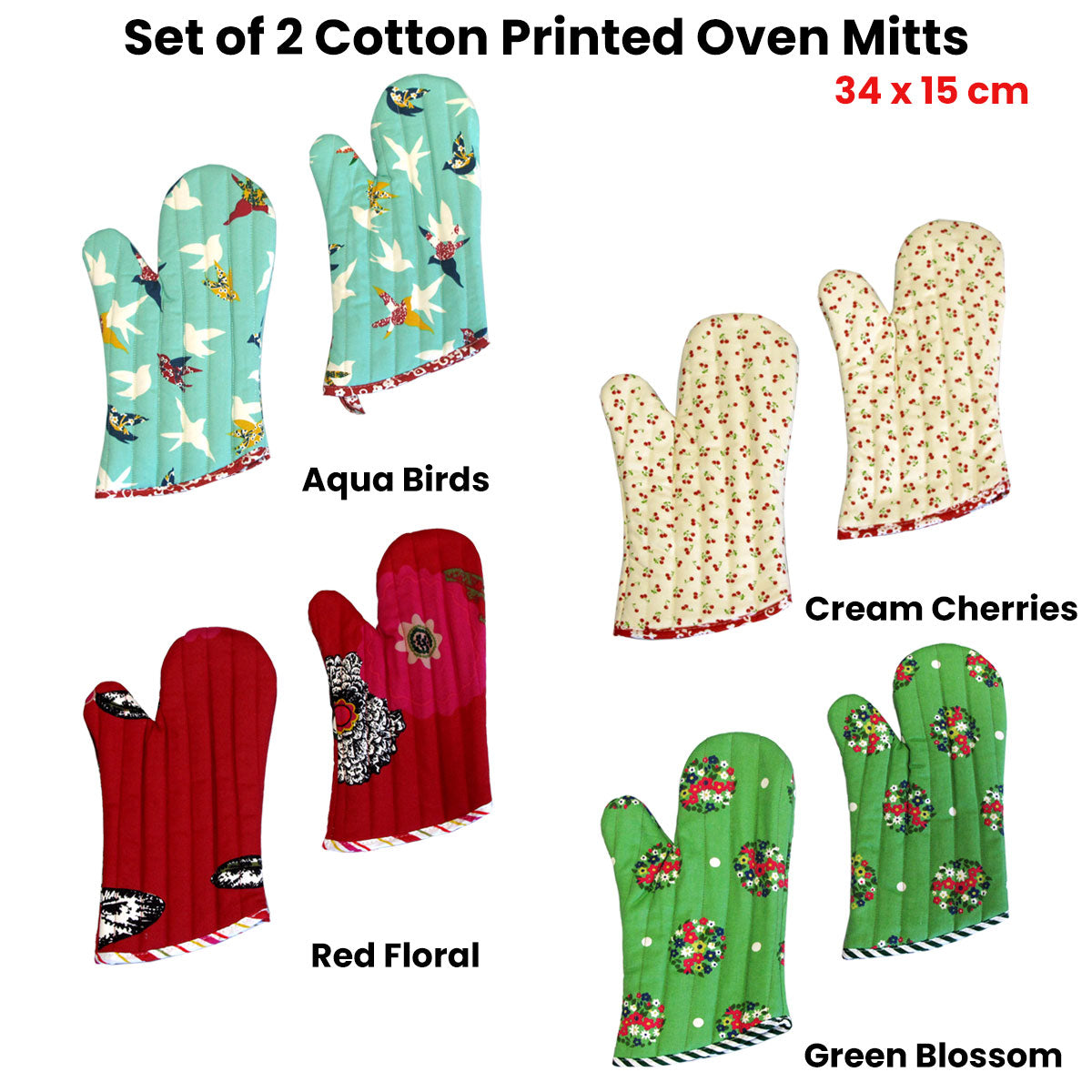 Set of 2 100% Cotton Printed Oven Mitts 34 x 15 cm Green Blossom V442-JTC-OVENM-BLOSSOM2OVENMITT-GREEN-SQ