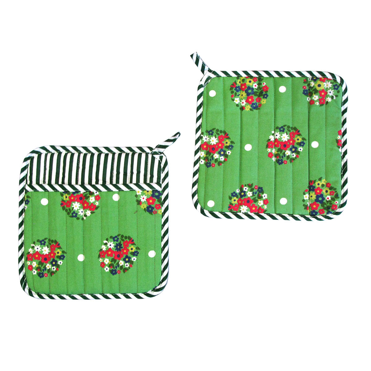 Set of 2 100% Cotton Printed Pot Holders 22 x 22 cm Green Blossom V442-JTC-OVENM-BLOSSOM2POTHOLDER-GREEN-SQ
