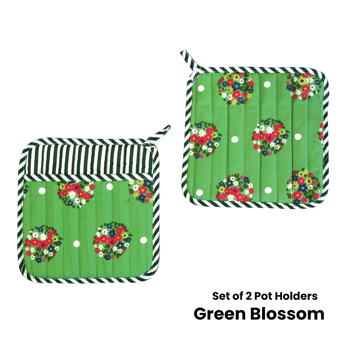 Set of 2 100% Cotton Printed Pot Holders 22 x 22 cm Green Blossom V442-JTC-OVENM-BLOSSOM2POTHOLDER-GREEN-SQ