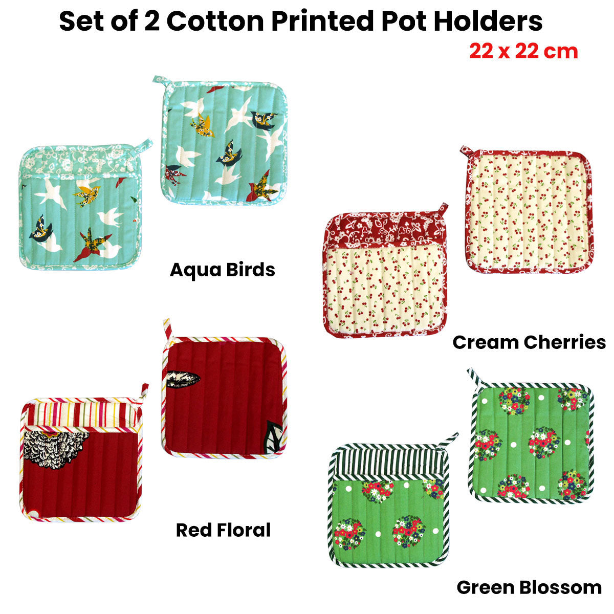 Set of 2 100% Cotton Printed Pot Holders 22 x 22 cm Green Blossom V442-JTC-OVENM-BLOSSOM2POTHOLDER-GREEN-SQ