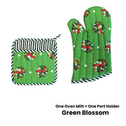Set of 100% Cotton Printed Oven Mitt + Pot Holder Green Blossom V442-JTC-OVENM-BLOSSOMMIXSET-GREEN-SQ