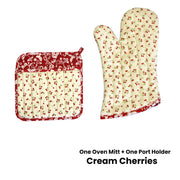 Set of 100% Cotton Printed Oven Mitt + Pot Holder Cream Cherries V442-JTC-OVENM-CHERRIESMIXSET-CREAM-SQ