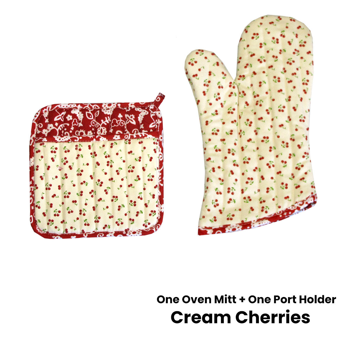 Set of 100% Cotton Printed Oven Mitt + Pot Holder Cream Cherries V442-JTC-OVENM-CHERRIESMIXSET-CREAM-SQ