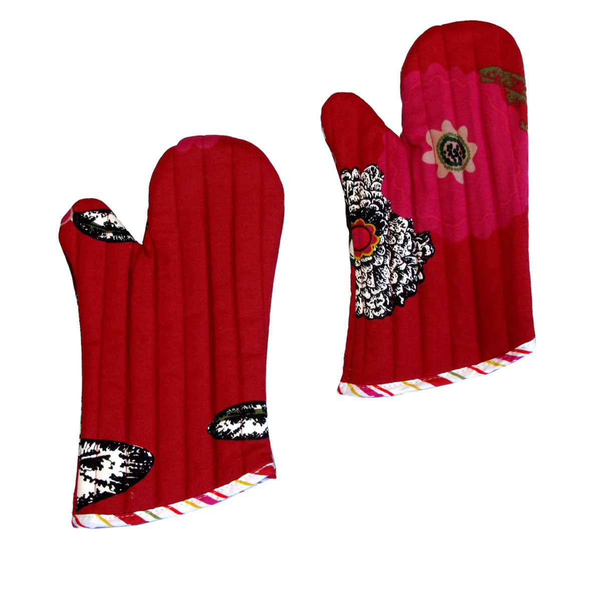 Set of 2 100% Cotton Printed Oven Mitts 34 x 15 cm Red Floral V442-JTC-OVENM-FLORAL2OVENMITT-RED-SQ