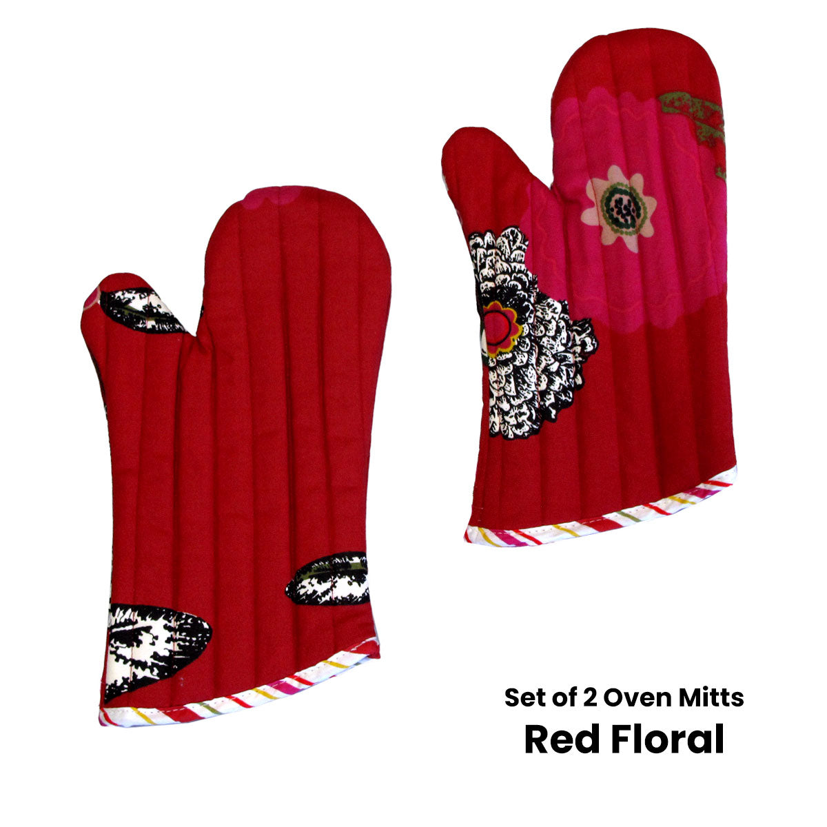 Set of 2 100% Cotton Printed Oven Mitts 34 x 15 cm Red Floral V442-JTC-OVENM-FLORAL2OVENMITT-RED-SQ