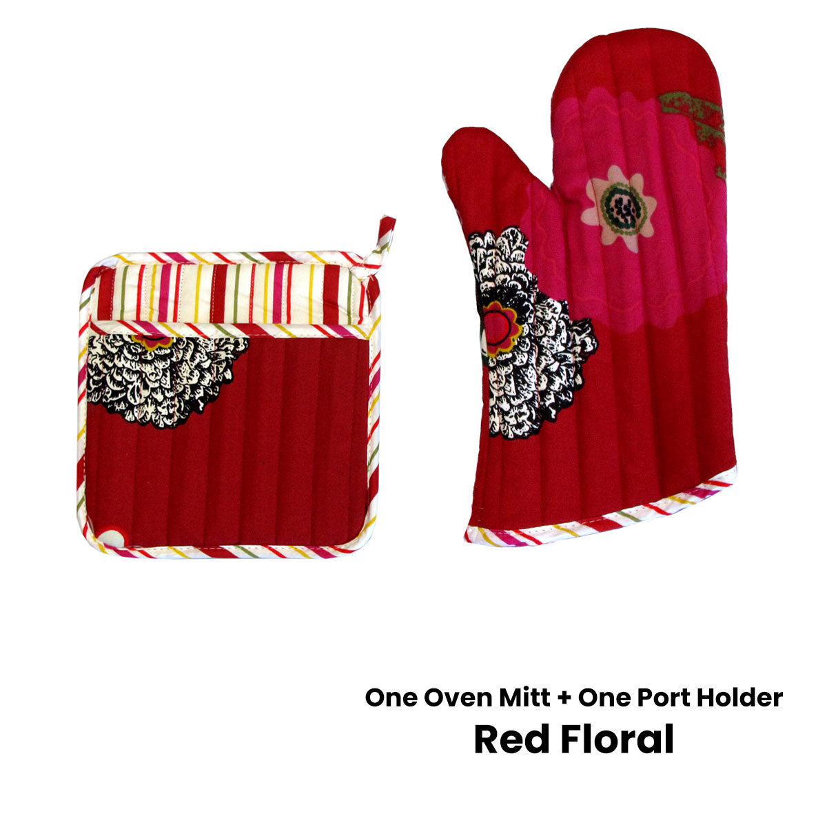 Set of 100% Cotton Printed Oven Mitt + Pot Holder Red Floral V442-JTC-OVENM-FLORALMIXSET-RED-SQ