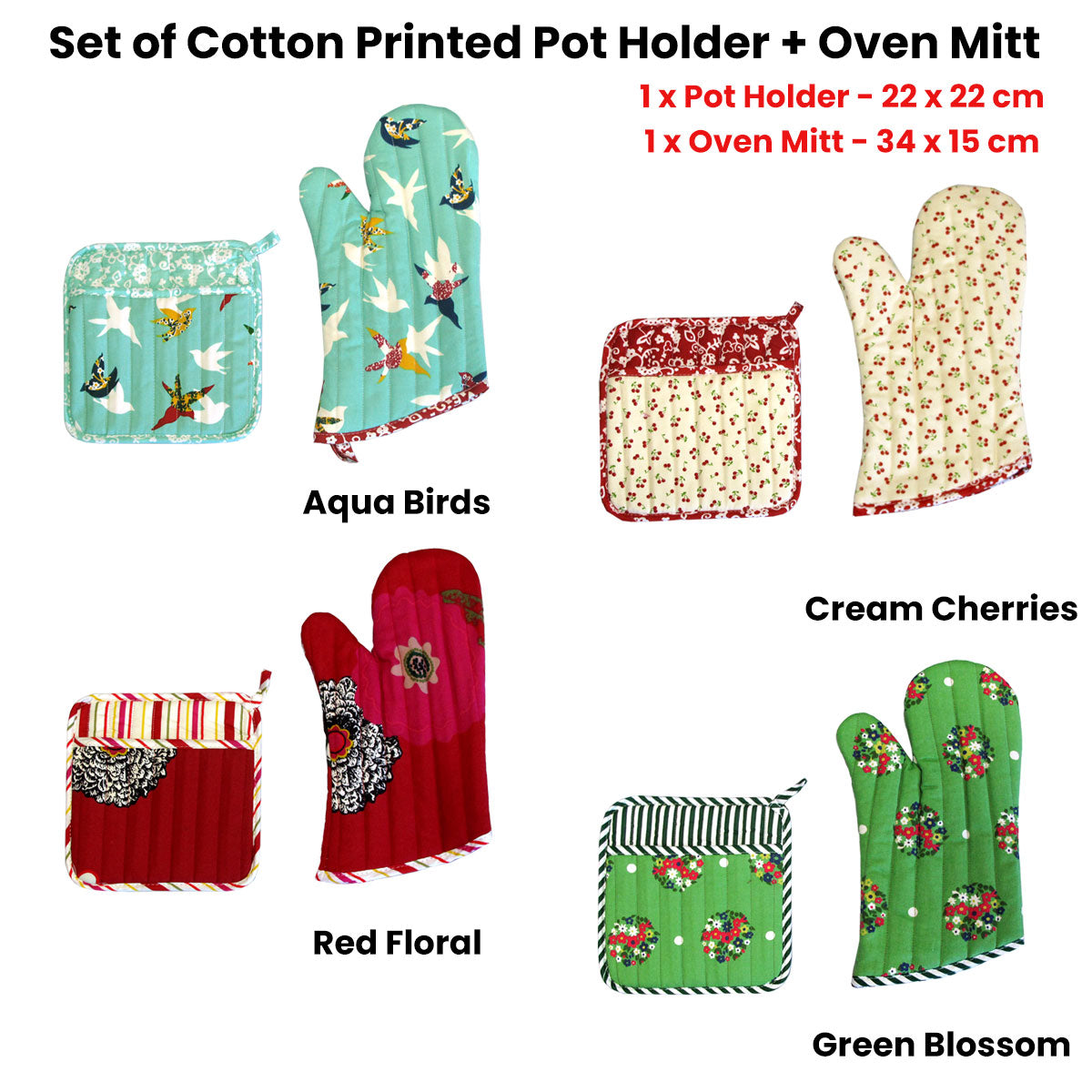 Set of 100% Cotton Printed Oven Mitt + Pot Holder Red Floral V442-JTC-OVENM-FLORALMIXSET-RED-SQ