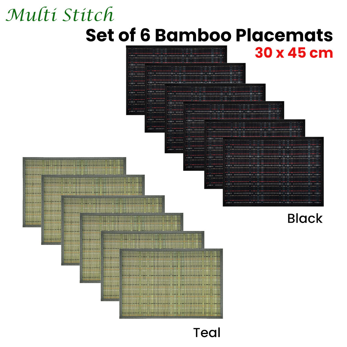 Set of 6 Multi Stitch Bamboo Table Placemats 30 x 45cm Black V442-JTC-PLACEMAT-BAMBOOET1BL-BLACK-RE
