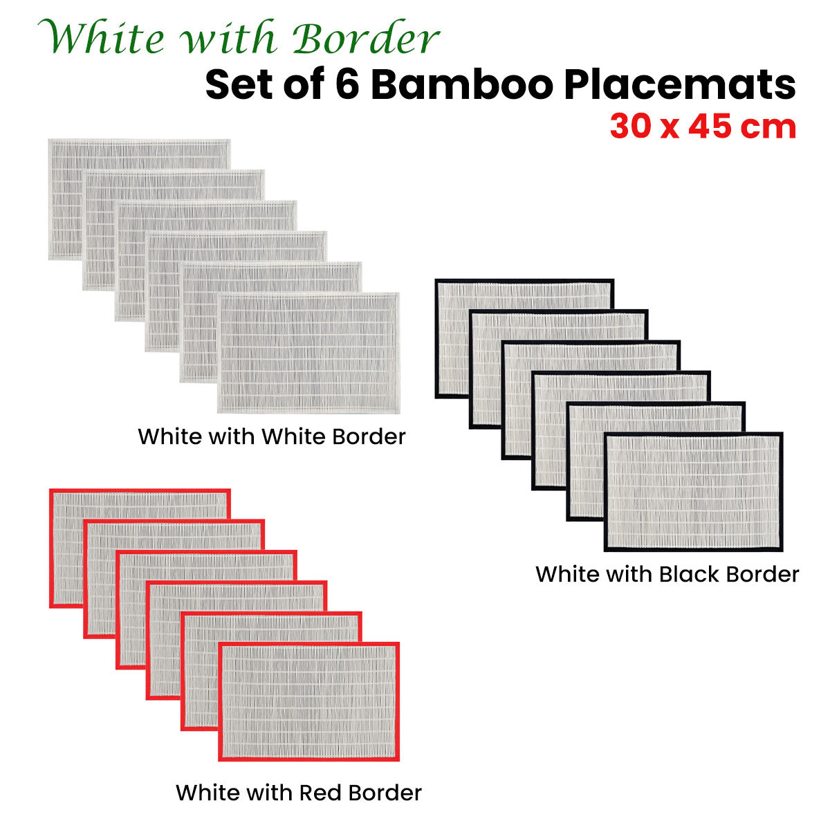 Set of 6 Bamboo Table Placemats White with Red Border 30 x 45cm V442-JTC-PLACEMAT-BAMBOOJA1WR-RED-RE