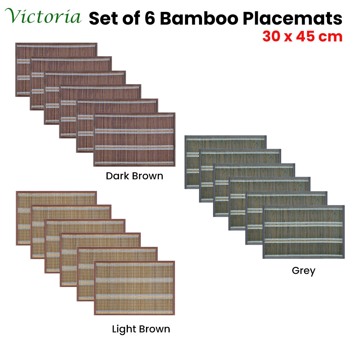 Set of 6 Victoria Bamboo Table Placemats 30 x 45cm Light Brown/Silver V442-JTC-PLACEMAT-BAMBOOLAR1LB-LTBROWN-RE