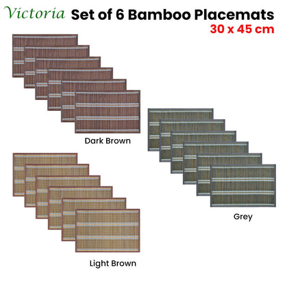 Set of 6 Victoria Bamboo Table Placemats 30 x 45cm Light Brown/Silver V442-JTC-PLACEMAT-BAMBOOLAR1LB-LTBROWN-RE