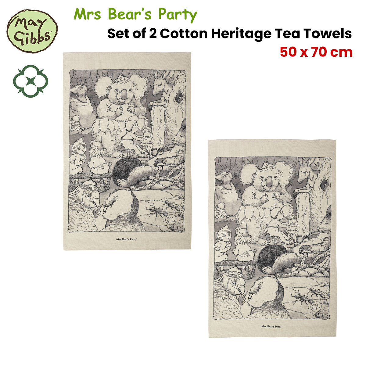 Set of 2 May Gibbs Mrs Bear's Party Cotton Heritage Tea Towels 50 x 70 cm V442-JTC-TEAT-SETOF2MRSBEARSPARTY-NATURAL-RE