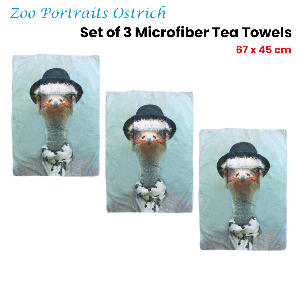 Set of 3 Zoo Portraits Microfiber Tea Towels Ostrich 67 x 45 cm V442-JTC-TEAT-SETOF3OSTRICH-GREY-RE