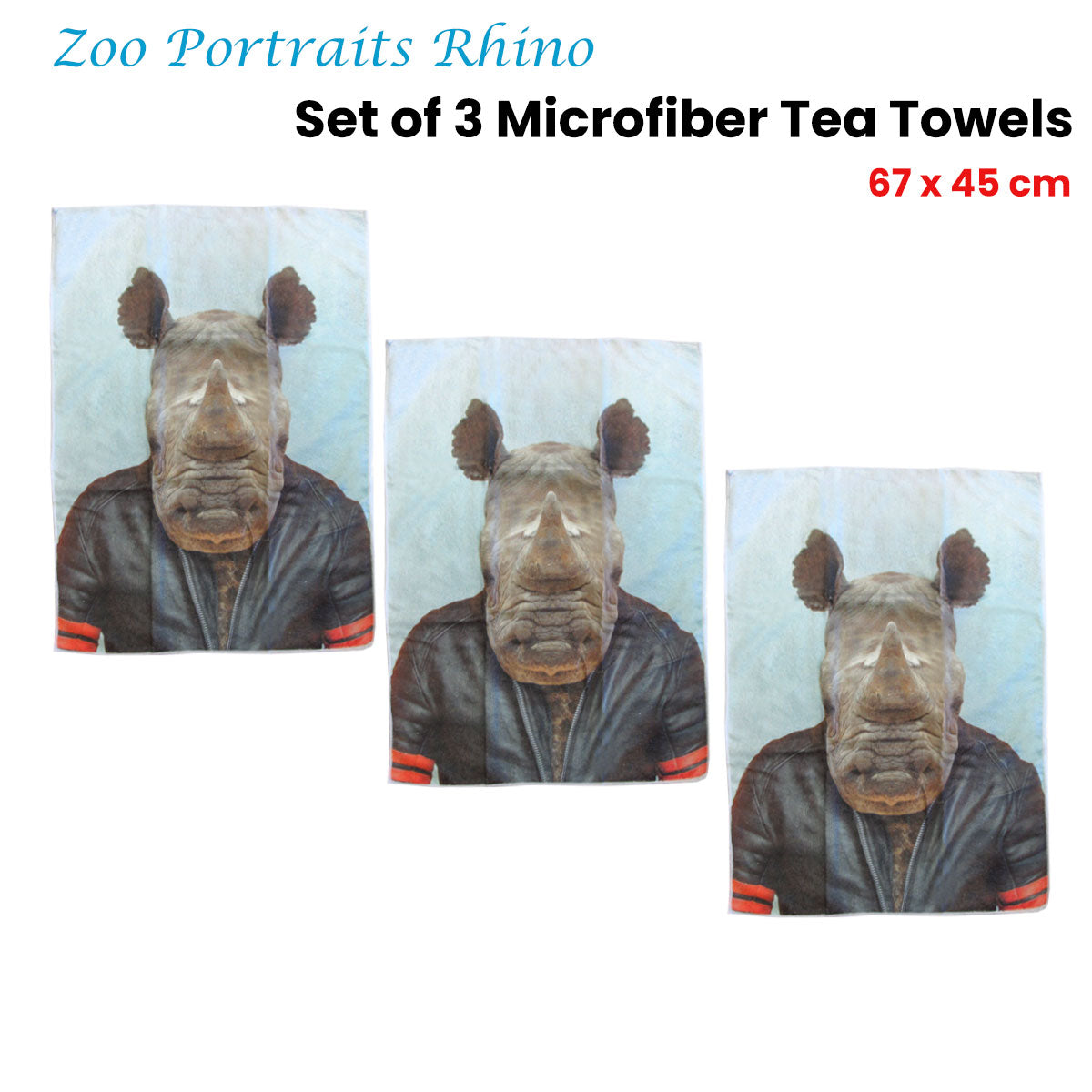 Set of 3 Zoo Portraits Microfiber Tea Towels Rhino 67 x 45 cm V442-JTC-TEAT-SETOF3RHINO-GREY-RE