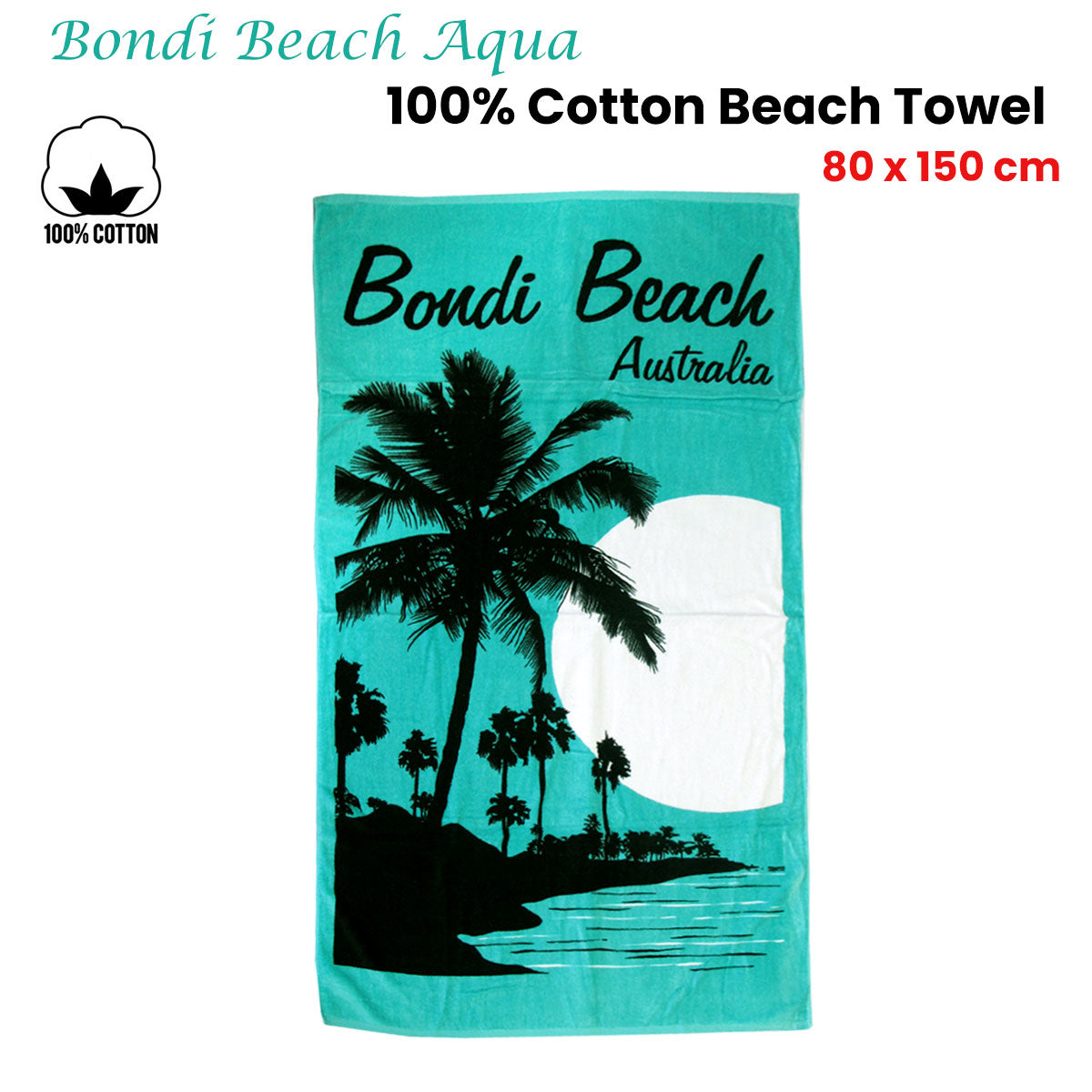Aqua Blu Bondi Beach Aqua 100% Cotton Beach Towel 80 x 150 cm V442-JTC-TOWEL-BONDIBEACH-AQUA-RE