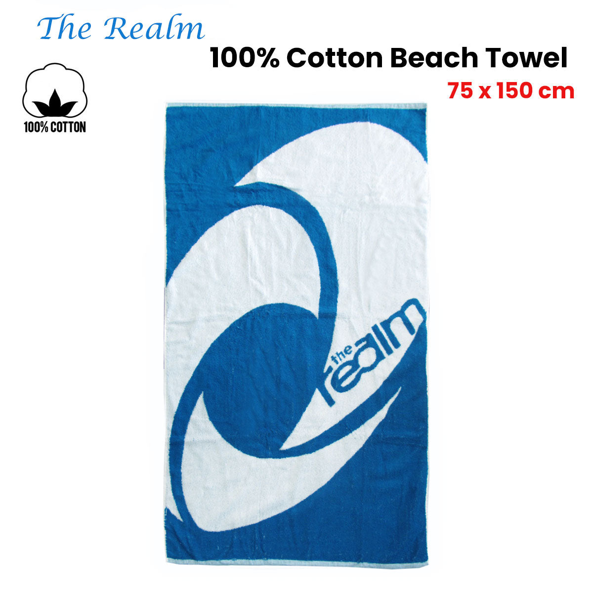 The Realm 100% Cotton Beach Towel 75 x 150 cm V442-JTC-TOWEL-THEREALM-BLUE-RE