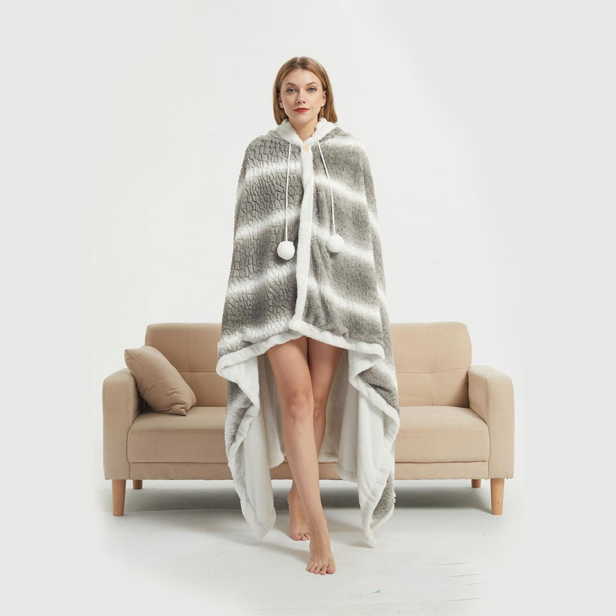 Ramesses Faux Fur Hooded Robe Grey White Stripe V442-KIT-BATHROBE-HOODED-GREYSTRIPE-SH