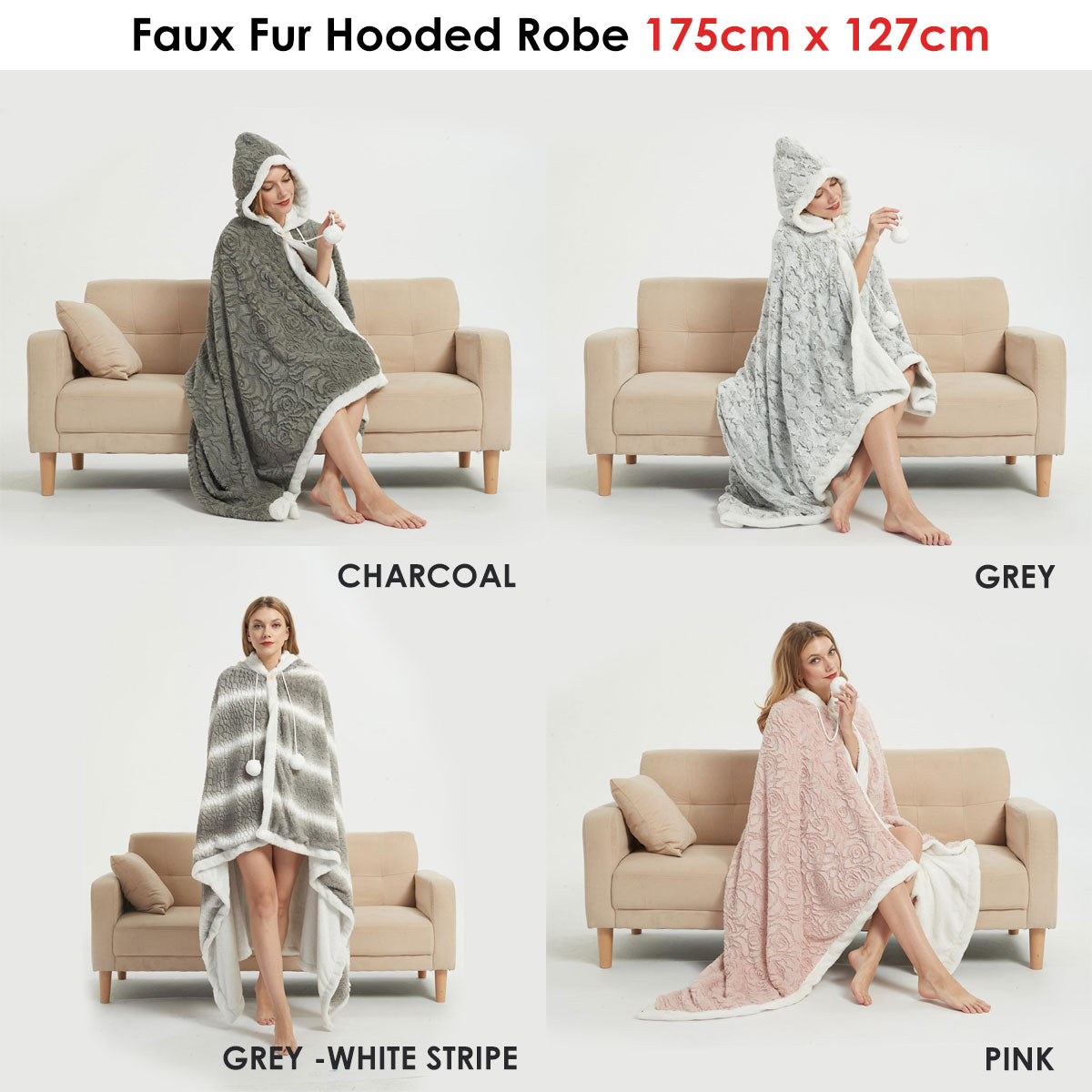 Ramesses Faux Fur Hooded Robe Grey White Stripe V442-KIT-BATHROBE-HOODED-GREYSTRIPE-SH