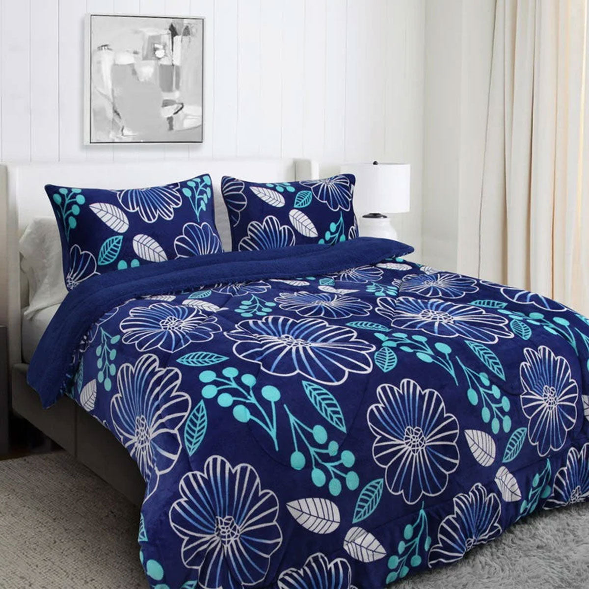 Ramesses Blue Flower Printed Sherpa Flannel Fleece Reversible Blanket Set Single/Double V442-KIT-BLANKET-SHERPAFLOWER-BLUE-DS