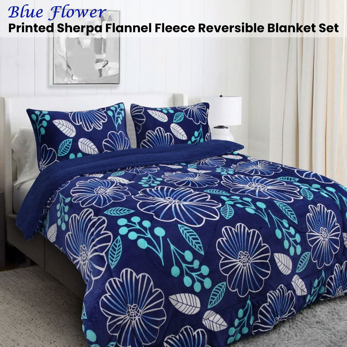 Ramesses Blue Flower Printed Sherpa Flannel Fleece Reversible Blanket Set Single/Double V442-KIT-BLANKET-SHERPAFLOWER-BLUE-DS