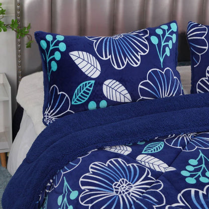Ramesses Blue Flower Printed Sherpa Flannel Fleece Reversible Blanket Set Single/Double V442-KIT-BLANKET-SHERPAFLOWER-BLUE-DS