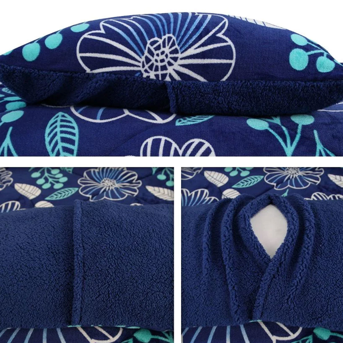 Ramesses Blue Flower Printed Sherpa Flannel Fleece Reversible Blanket Set Single/Double V442-KIT-BLANKET-SHERPAFLOWER-BLUE-DS