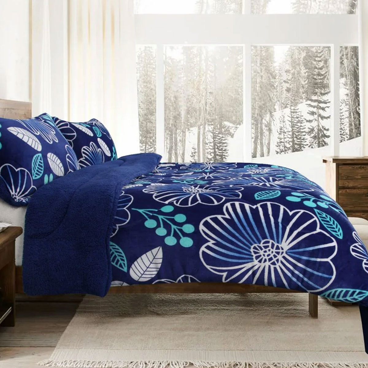 Ramesses Blue Flower Printed Sherpa Flannel Fleece Reversible Blanket Set Queen/King V442-KIT-BLANKET-SHERPAFLOWER-BLUE-QS