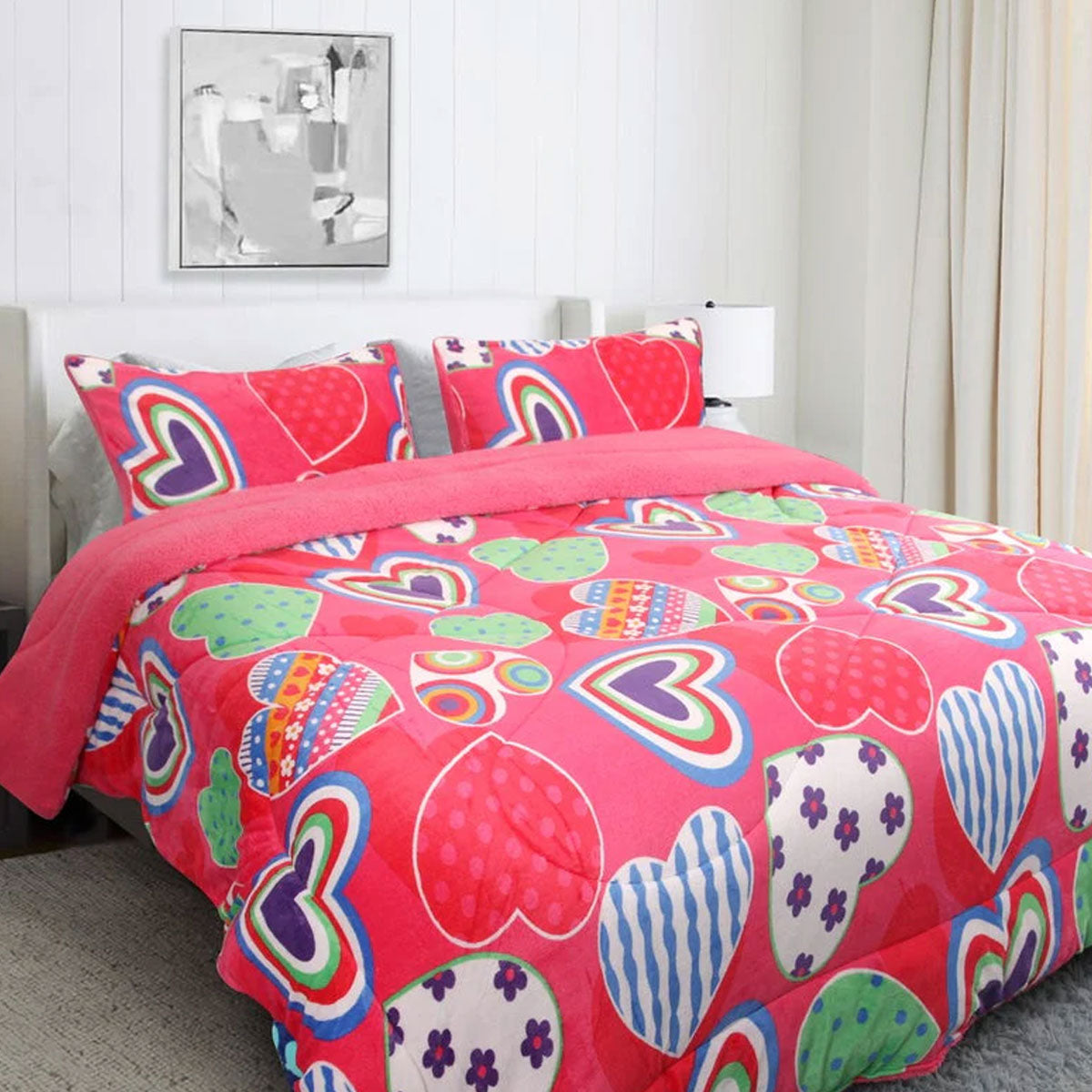 Ramesses Pink Heart Printed Sherpa Flannel Fleece Reversible Blanket Set Single/Double V442-KIT-BLANKET-SHERPAHEART-PINK-DS
