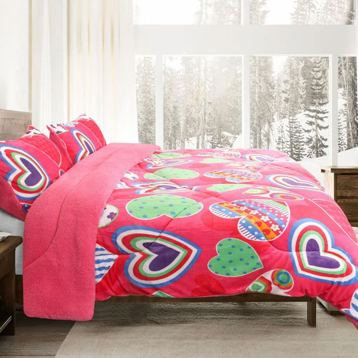 Ramesses Pink Heart Printed Sherpa Flannel Fleece Reversible Blanket Set Single/Double V442-KIT-BLANKET-SHERPAHEART-PINK-DS